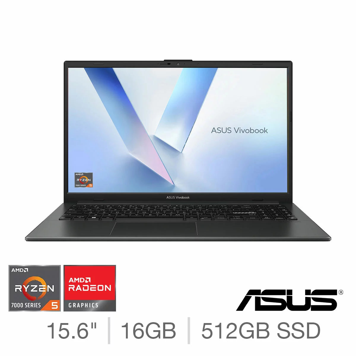 ASUS Vivobook Go 15.6 inch laptop model E1504FA-BQ2566W displaying a vibrant Windows 11 desktop environment highlighting its slim profile and 180-degree lay-flat hinge design. - 1