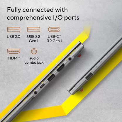 ASUS Vivobook Go 15.6 inch laptop model E1504FA-BQ2566W displaying a vibrant Windows 11 desktop environment highlighting its slim profile and 180-degree lay-flat hinge design. - 2