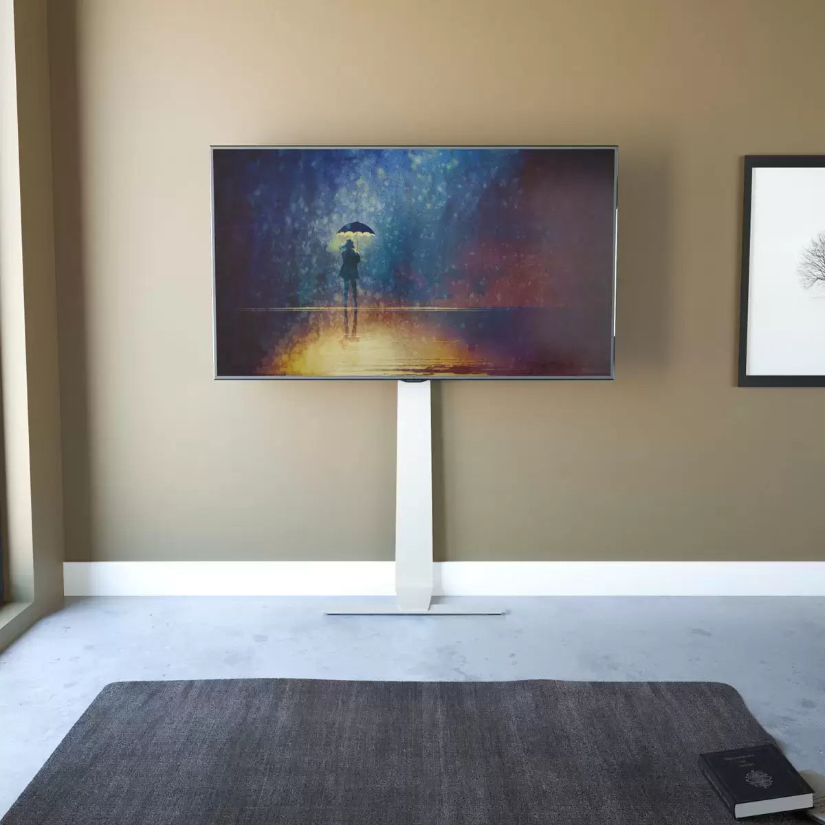 AVF Kelso white TV stand for TVs up to 80 inches with space-saving wall design and storage shelves