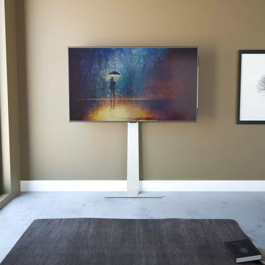 AVF Kelso white TV stand for TVs up to 80 inches with space-saving wall design and storage shelves