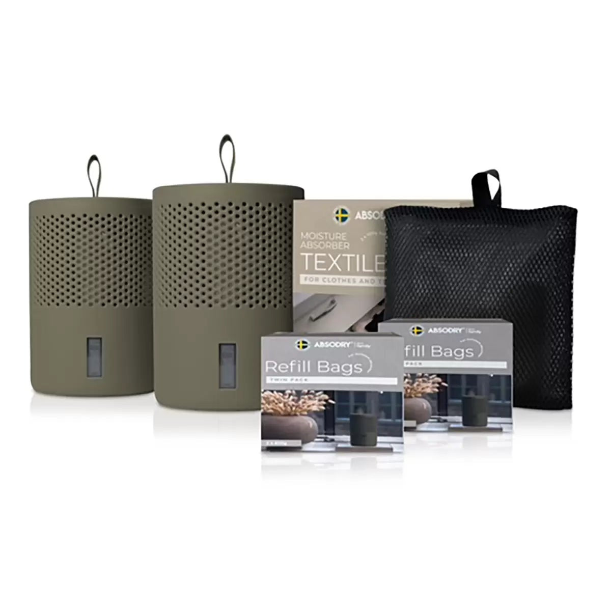 Front view of the minimalist Scandinavian Absodry Moisture Absorber unit next to a 600g refill pack and hanging textile wardrobe bag on a clean shelf.