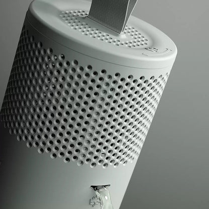 Front view of the minimalist Scandinavian Absodry Moisture Absorber unit next to a 600g refill pack and hanging textile wardrobe bag on a clean shelf.