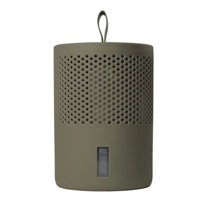 Front view of the minimalist Scandinavian Absodry Moisture Absorber unit next to a 600g refill pack and hanging textile wardrobe bag on a clean shelf.