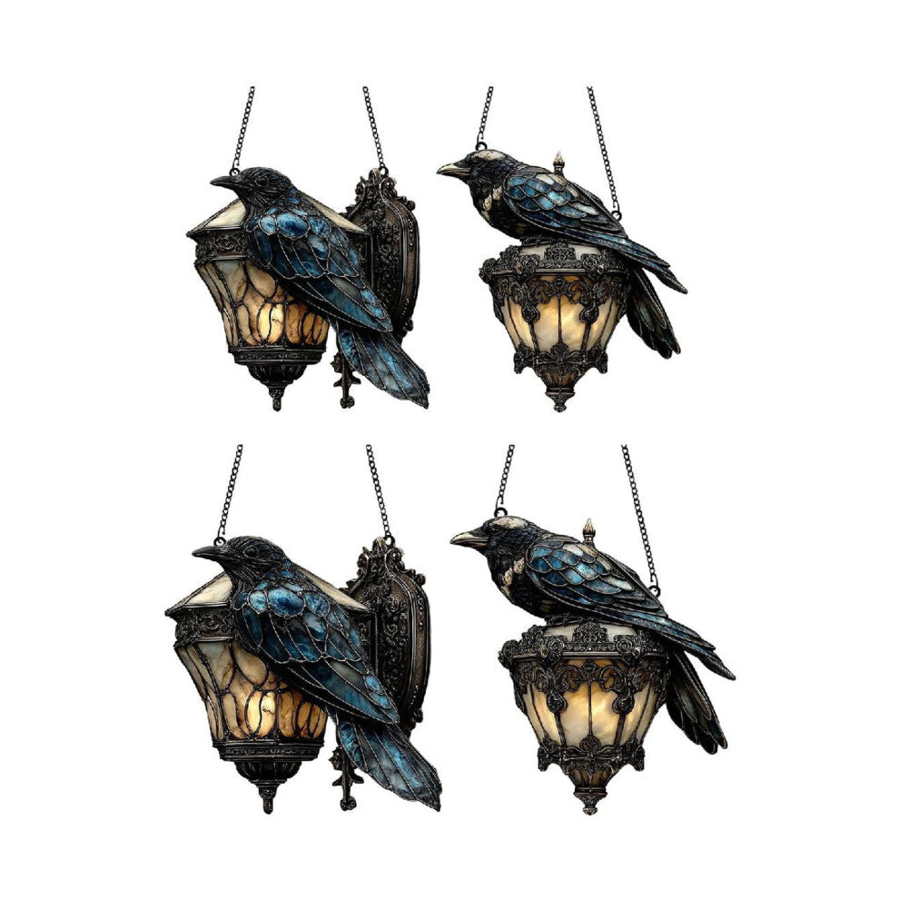 An acrylic vintage raven hanging lamp featuring a colorful glass pattern glowing softly in an indoor window display.
