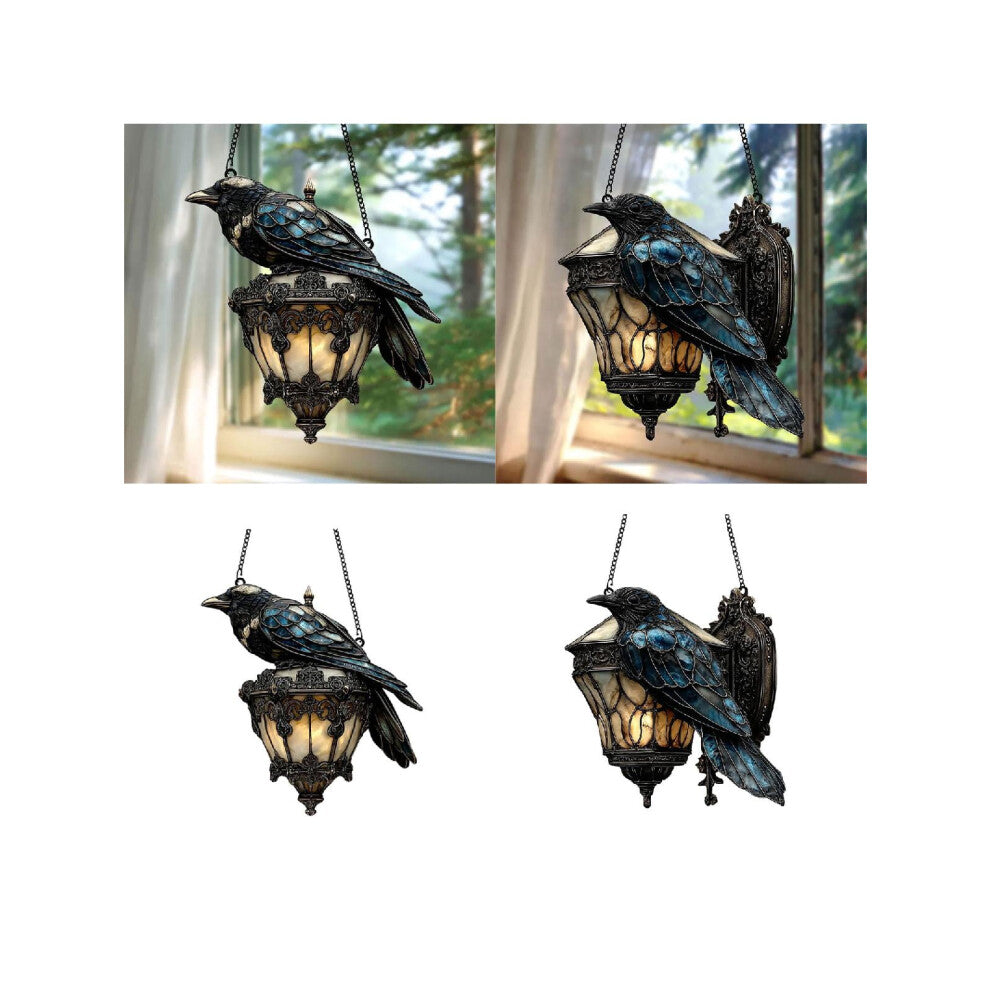 An acrylic vintage raven hanging lamp featuring a colorful glass pattern glowing softly in an indoor window display.