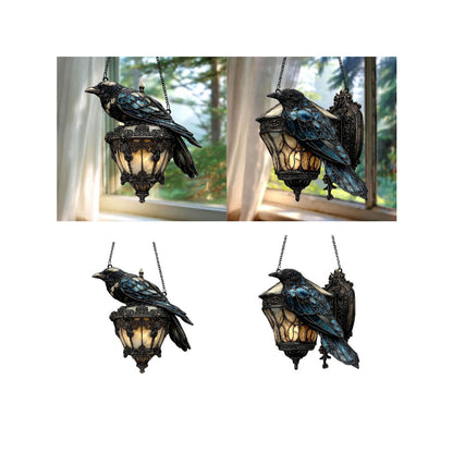 An acrylic vintage raven hanging lamp featuring a colorful glass pattern glowing softly in an indoor window display.