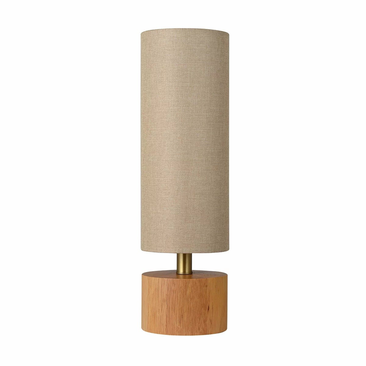Natural rubberwood base of the Adesso Brayden table lamp with a beige fabric shade on a wooden side table.