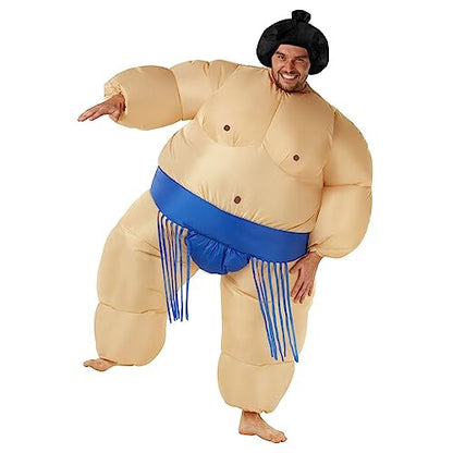 Front view of a fully inflated blue Morph adult sumo wrestler costume featuring artificial muscles and a matching black headpiece in a brightly lit studio setting.