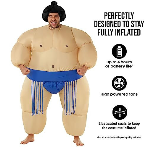 Front view of a fully inflated blue Morph adult sumo wrestler costume featuring artificial muscles and a matching black headpiece in a brightly lit studio setting.