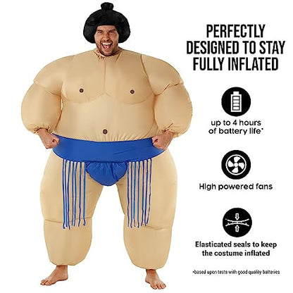 Front view of a fully inflated blue Morph adult sumo wrestler costume featuring artificial muscles and a matching black headpiece in a brightly lit studio setting.