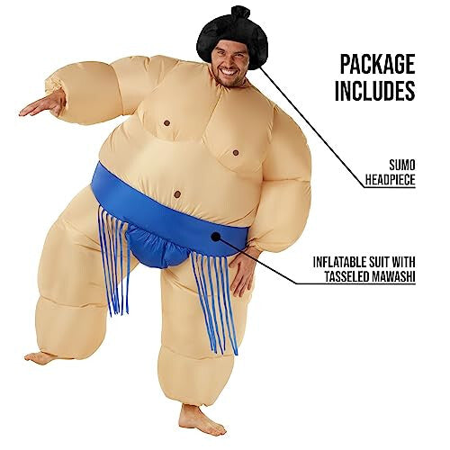 Front view of a fully inflated blue Morph adult sumo wrestler costume featuring artificial muscles and a matching black headpiece in a brightly lit studio setting.