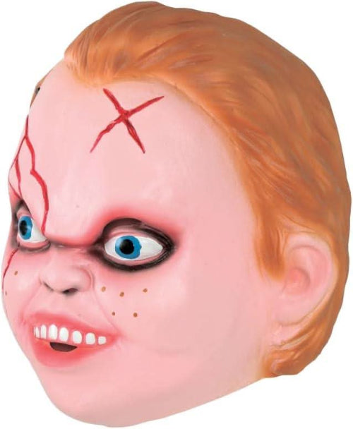 An adult horror boy Chuckie latex mask with detailed scars and orange hair, displayed against a dark, moody background for Halloween