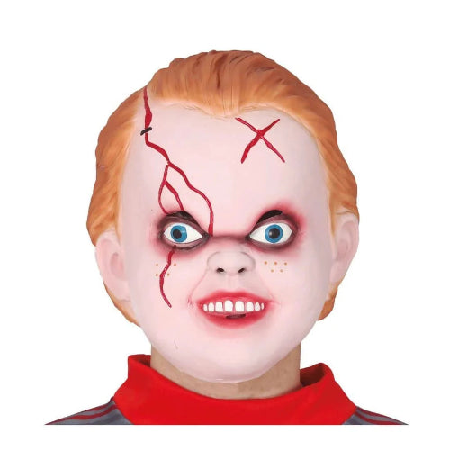 An adult horror boy Chuckie latex mask with detailed scars and orange hair, displayed against a dark, moody background for Halloween