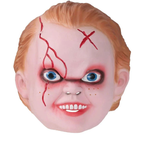 An adult horror boy Chuckie latex mask with detailed scars and orange hair, displayed against a dark, moody background for Halloween