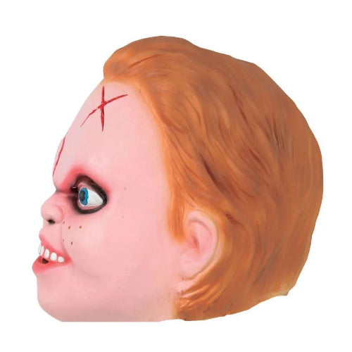 An adult horror boy Chuckie latex mask with detailed scars and orange hair, displayed against a dark, moody background for Halloween