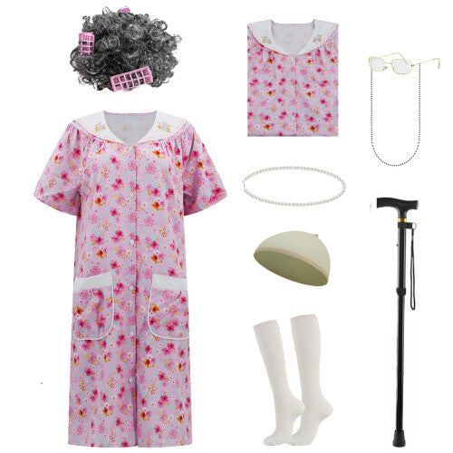 Front view of a full women's old lady costume set featuring a floral nightgown, grey curled wig, round glasses on a chain, faux pearl necklace, and foldable walking stick displayed together.