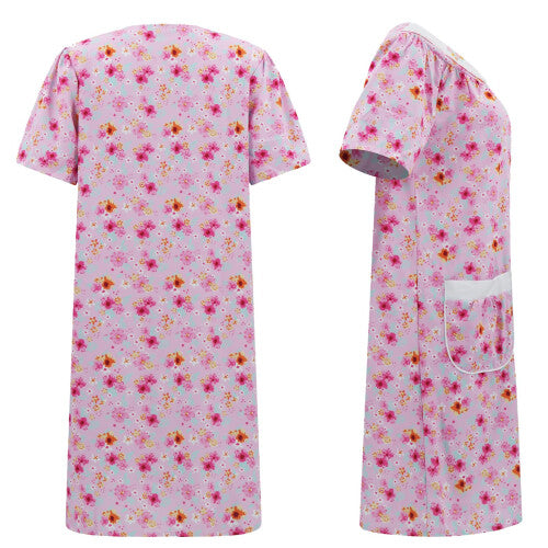 Front view of a full women's old lady costume set featuring a floral nightgown, grey curled wig, round glasses on a chain, faux pearl necklace, and foldable walking stick displayed together.