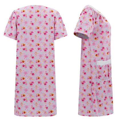 Front view of a full women's old lady costume set featuring a floral nightgown, grey curled wig, round glasses on a chain, faux pearl necklace, and foldable walking stick displayed together.