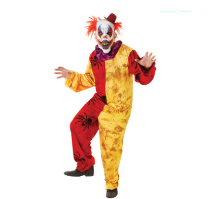 Front view of the Adult Scary Horror Clown Costume featuring a multi-colored jumpsuit paired with a terrifying mask for Halloween styling.