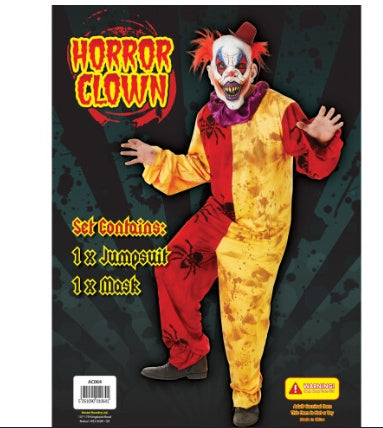 Front view of the Adult Scary Horror Clown Costume featuring a multi-colored jumpsuit paired with a terrifying mask for Halloween styling.