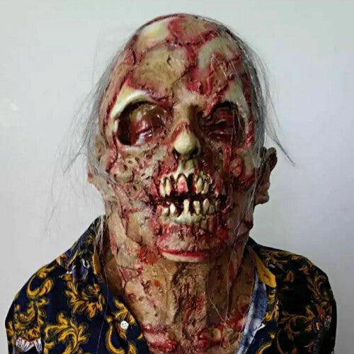 Front angle of a full-face adult zombie latex mask showing gory blood details, rotting skin texture, and realistic dark synthetic hair.