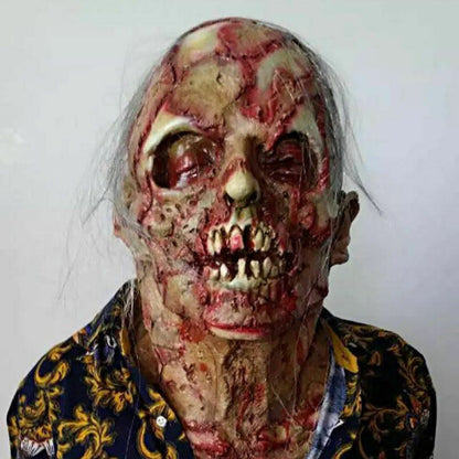 Front angle of a full-face adult zombie latex mask showing gory blood details, rotting skin texture, and realistic dark synthetic hair.
