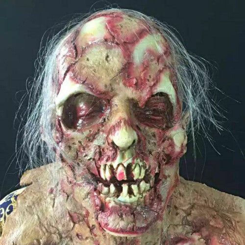 Front angle of a full-face adult zombie latex mask showing gory blood details, rotting skin texture, and realistic dark synthetic hair.