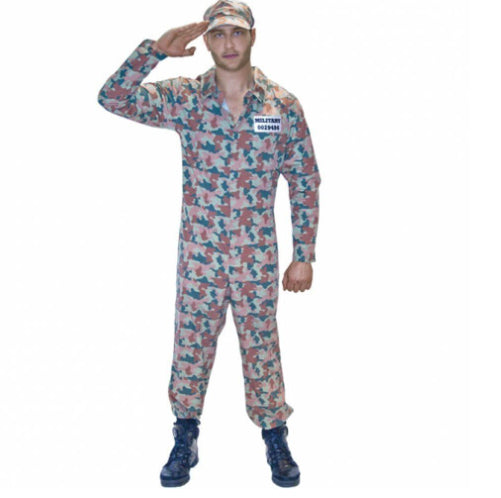 Front view of the Adults Camouflage Army Costume in Size M featuring a woodland camo jumpsuit with a front zipper and matching army hat.