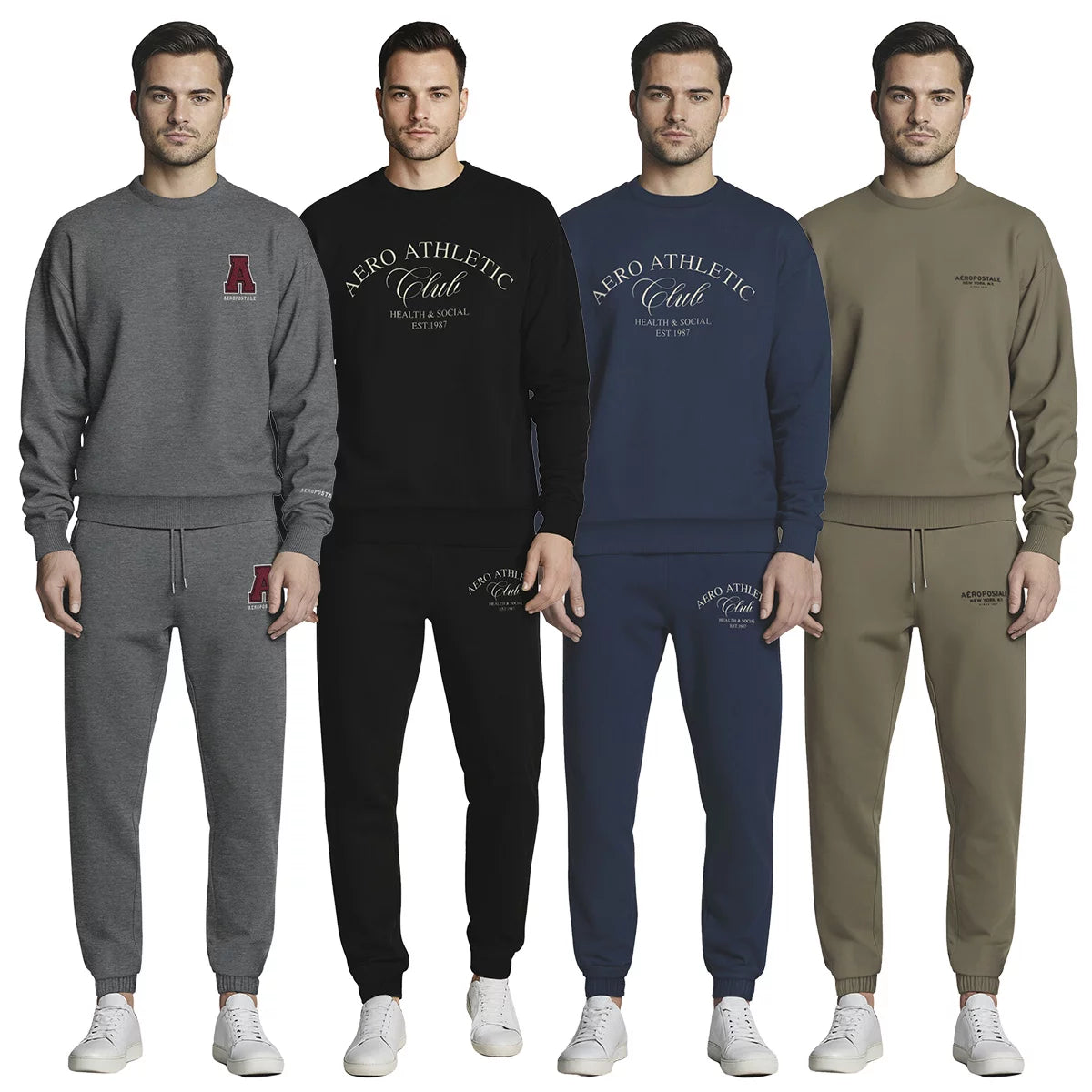 Front view of the Aeropostale Men's Crew Neck Sweatshirt in textured black cotton blend featuring raised chenille chest branding.
