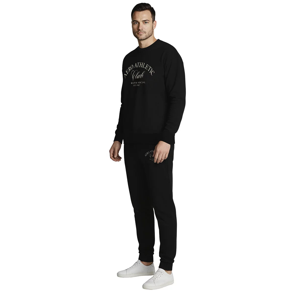 Front view of the Aeropostale Men's Crew Neck Sweatshirt in textured black cotton blend featuring raised chenille chest branding.