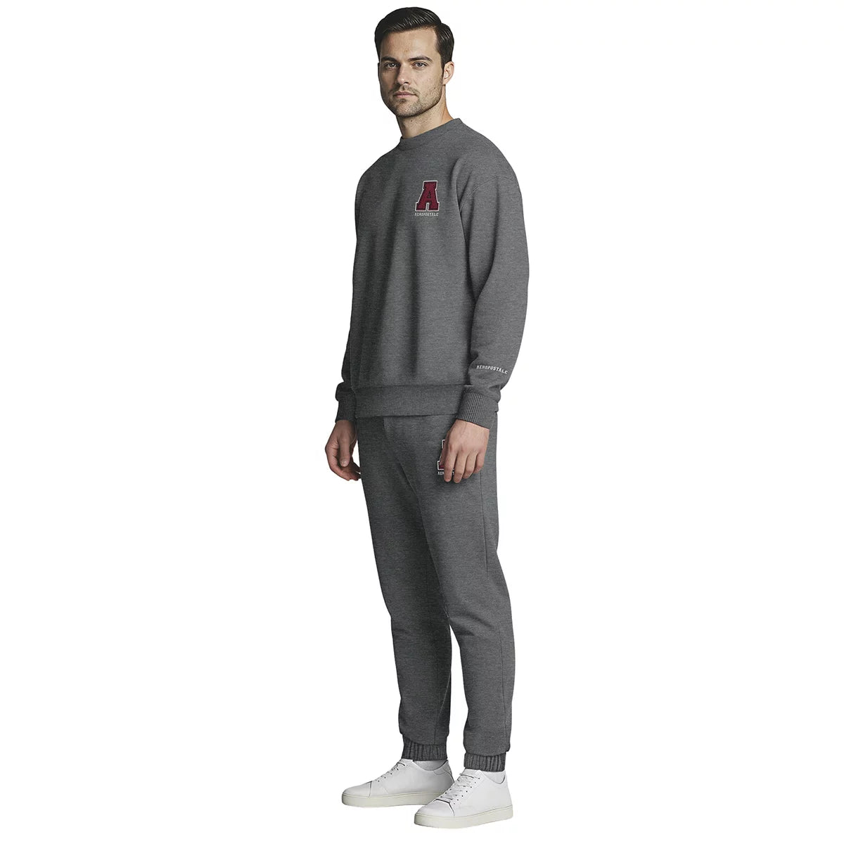 Front view of the Aeropostale Men's Crew Neck Sweatshirt in textured black cotton blend featuring raised chenille chest branding.