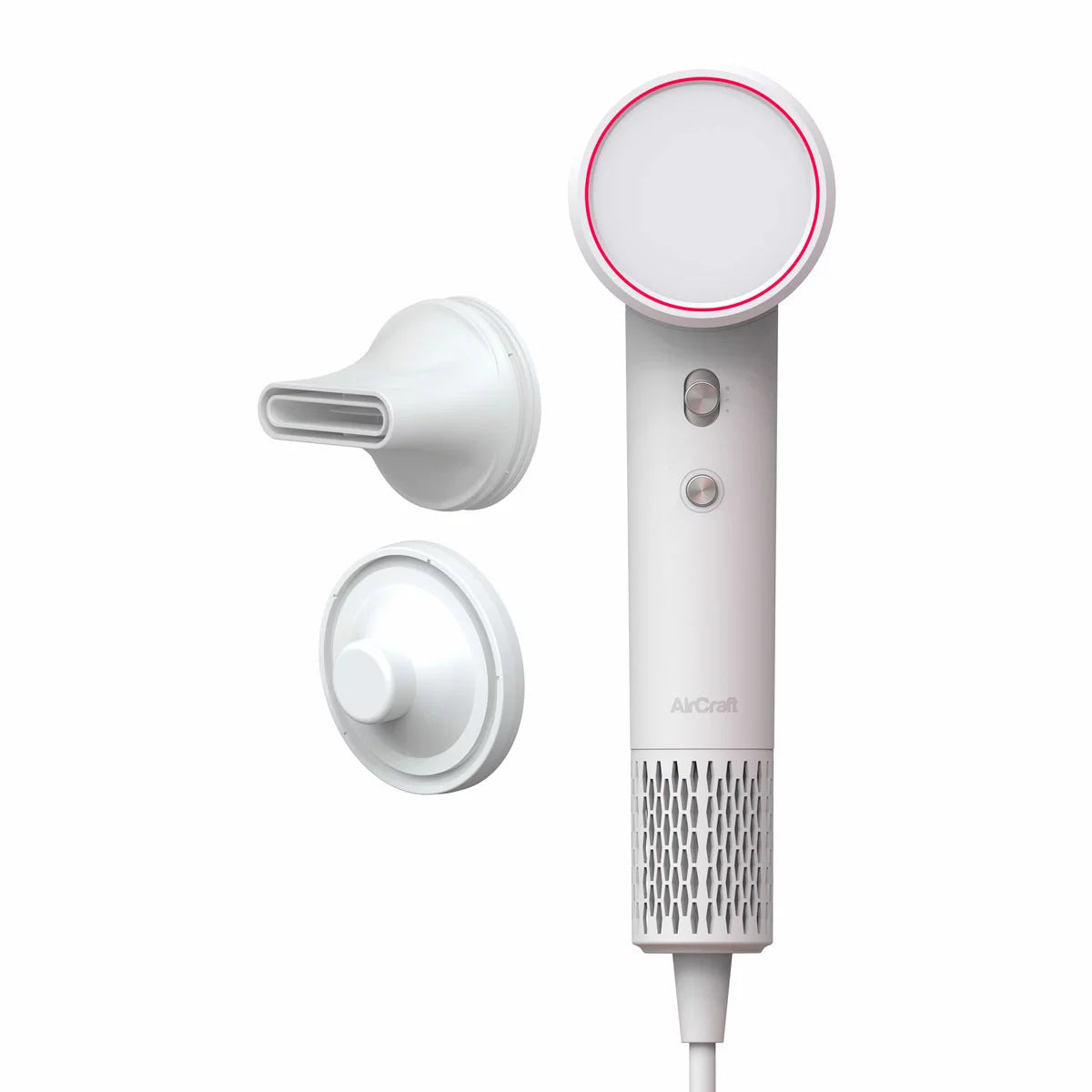AirCraft Airmotion Ionic hair dryer in a sleek finish, shown with the magnetic styling nozzle and wall mount storage solution.