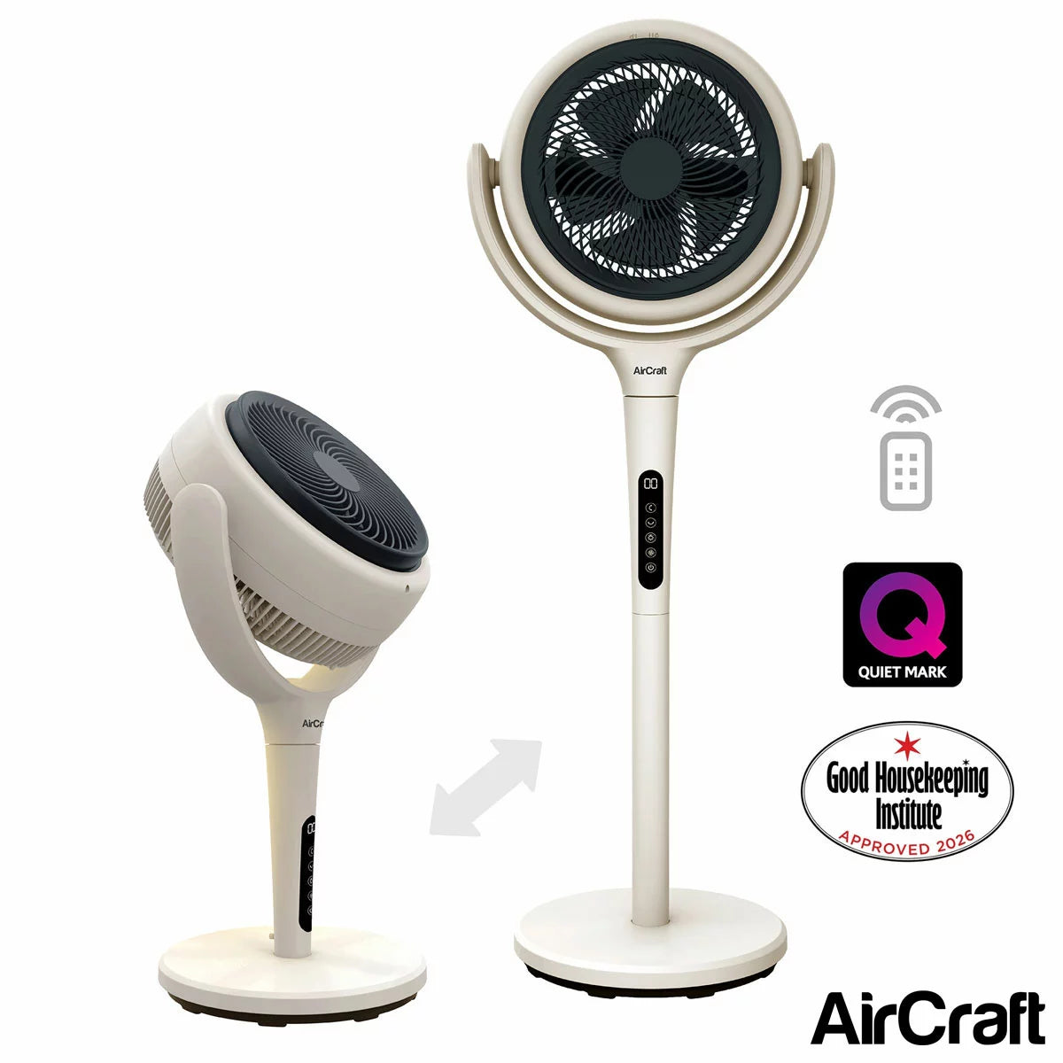 AirCraft LUME 2-in-1 air circulator fan in stone white, featuring an integrated LED backlight and remote control on a desk.