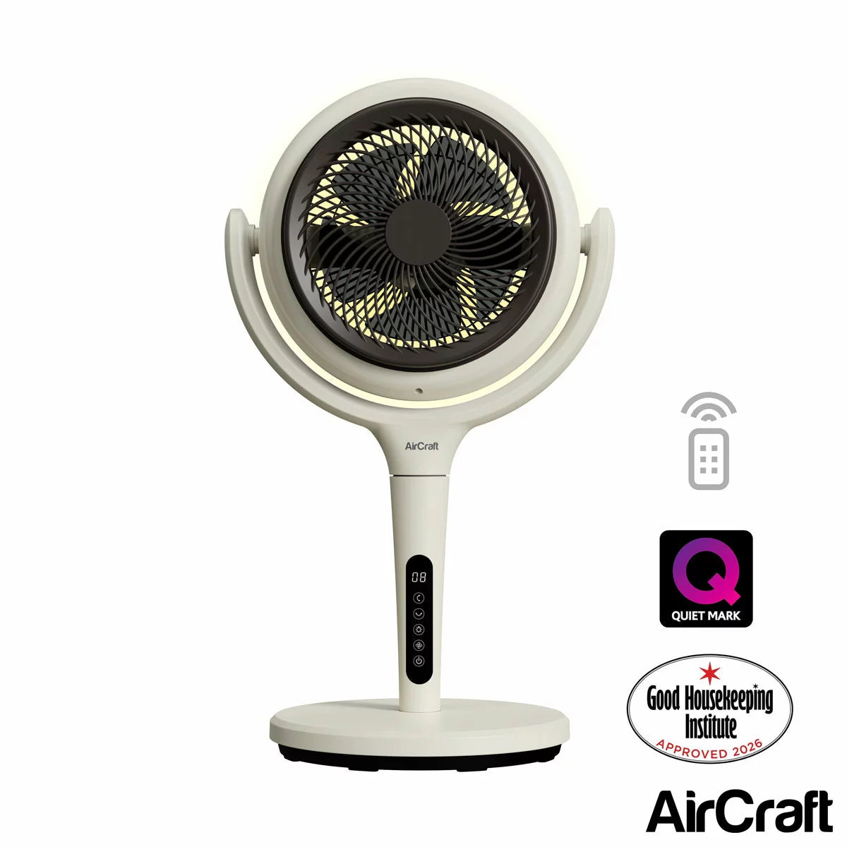 AirCraft LUME MIDI table fan in stone white finish with dimmable light ring, placed on a modern desktop.