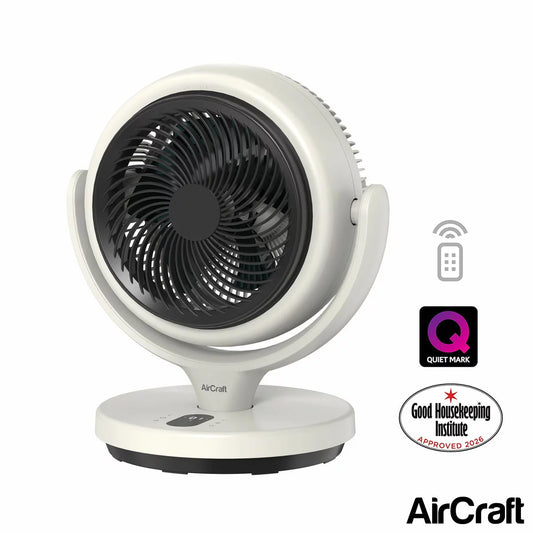 AirCraft LUME MINI ultra-quiet desktop fan with ambient backlight glow, shown on a clean modern office desk.