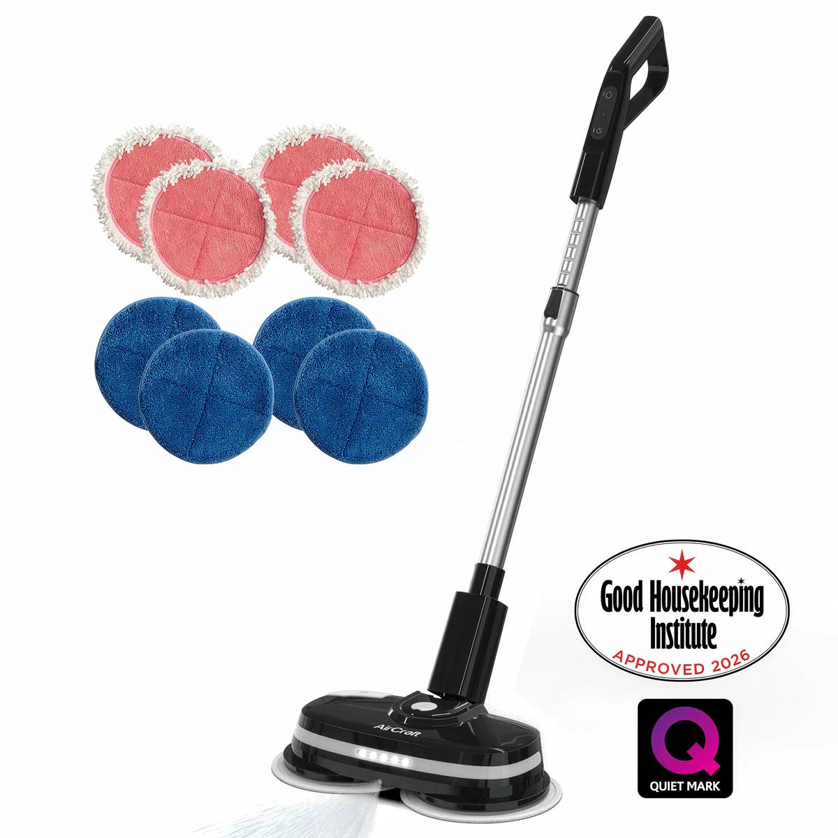 AirCraft PowerGlide cordless hard floor cleaner and polisher in black with extra cleaning pads for sealed floors.