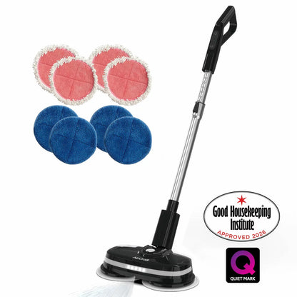 AirCraft PowerGlide cordless hard floor cleaner and polisher in black with extra cleaning pads for sealed floors.