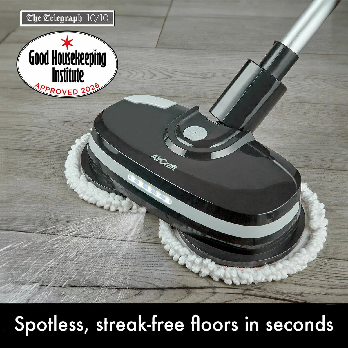 AirCraft PowerGlide cordless hard floor cleaner and polisher in black with extra cleaning pads for sealed floors.