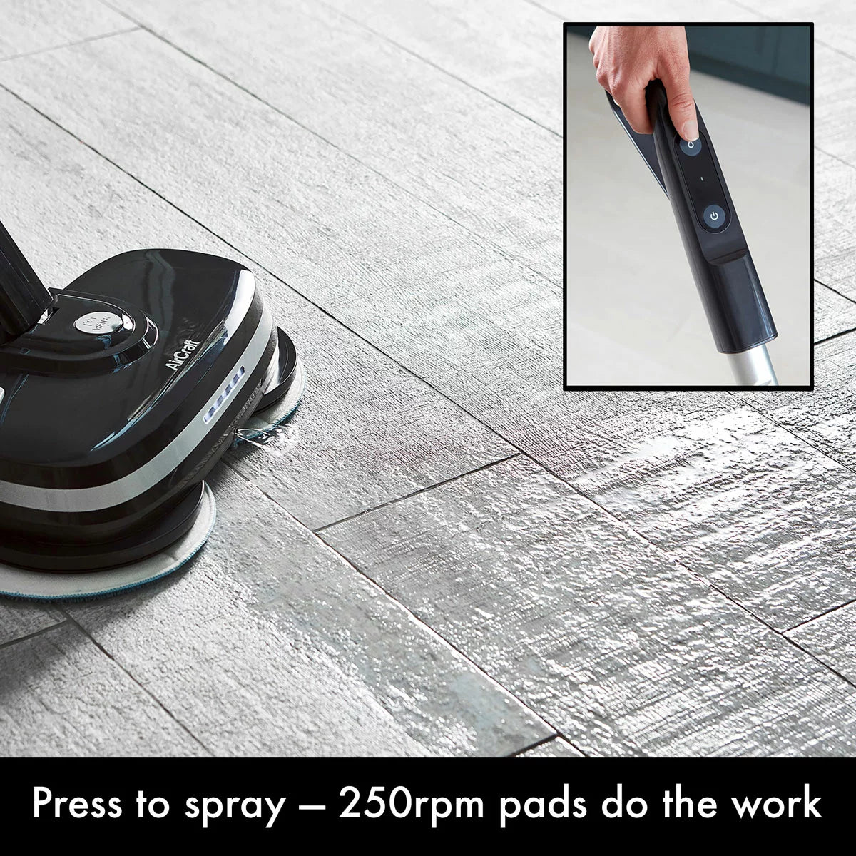 AirCraft PowerGlide cordless hard floor cleaner and polisher in black with extra cleaning pads for sealed floors.