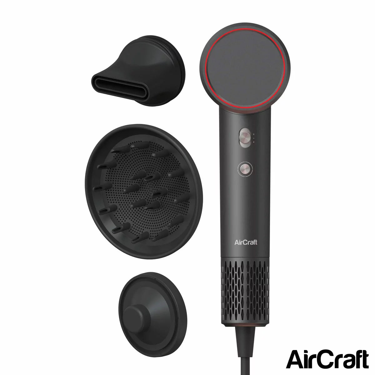 Side profile of the grey AirMotion Ionic hair dryer with its magnetic styling nozzle attached, set against a clean, modern bathroom background.