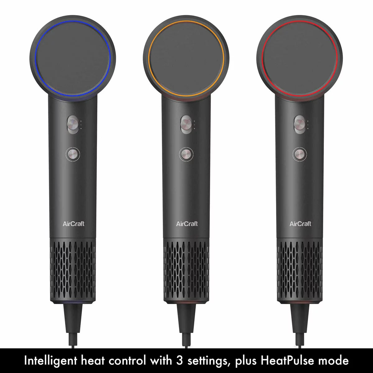 Side profile of the grey AirMotion Ionic hair dryer with its magnetic styling nozzle attached, set against a clean, modern bathroom background.
