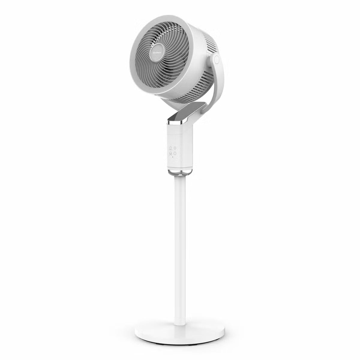 Modern white Airmate FA20-RD239 pedestal fan featuring a sleek slanted smart display screen, vertical support pole, and round base set in a sunlit living room.