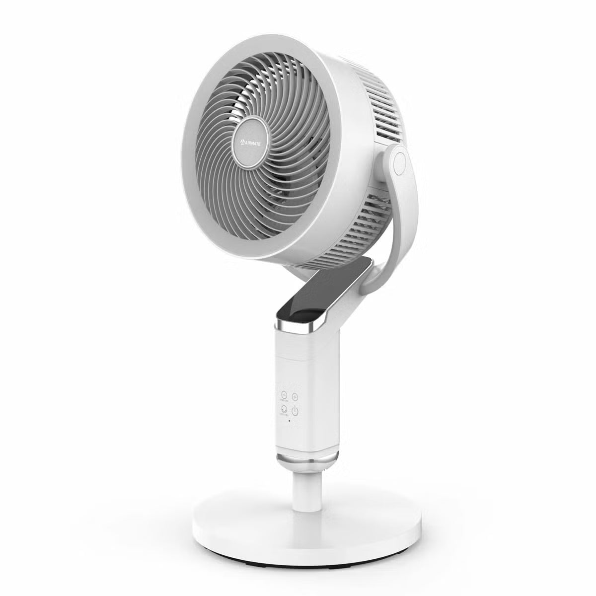 Modern white Airmate FA20-RD239 pedestal fan featuring a sleek slanted smart display screen, vertical support pole, and round base set in a sunlit living room.