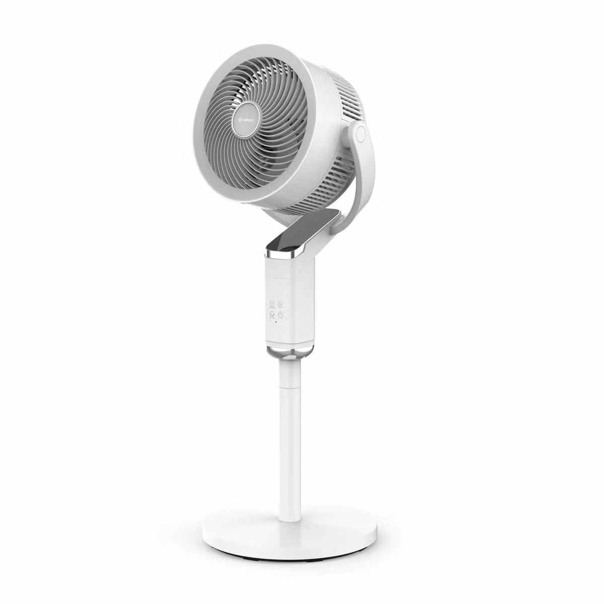 Modern white Airmate FA20-RD239 pedestal fan featuring a sleek slanted smart display screen, vertical support pole, and round base set in a sunlit living room.