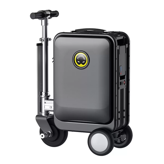 Side view of the silver Airwheel SE3S motorized electric ride-on luggage displaying the extended riding handlebars and aluminum frame on a polished airport terminal floor.