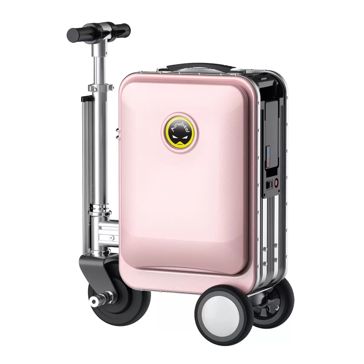 Side view of the silver Airwheel SE3S motorized electric ride-on luggage displaying the extended riding handlebars and aluminum frame on a polished airport terminal floor.