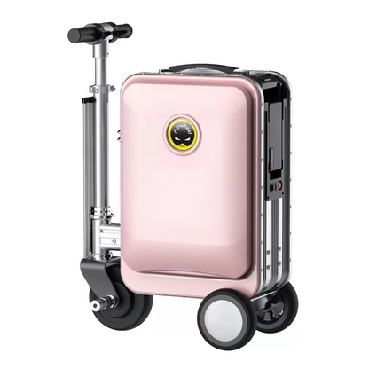 Side view of the silver Airwheel SE3S motorized electric ride-on luggage displaying the extended riding handlebars and aluminum frame on a polished airport terminal floor.
