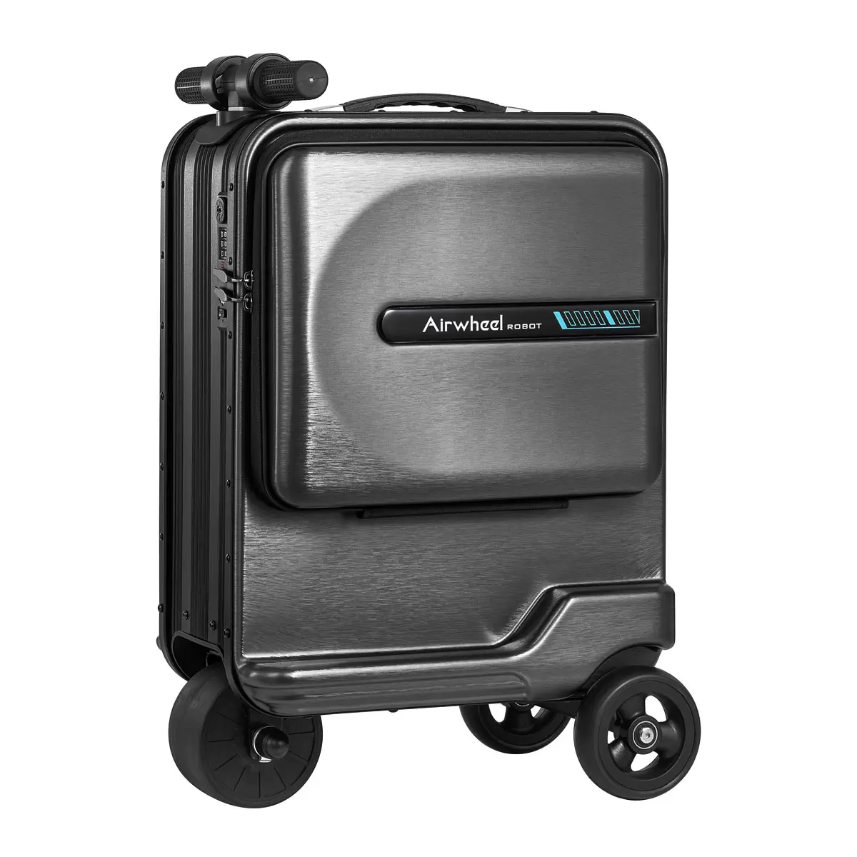 Side view of the silver Airwheel SE3T Mini Electric Ride On Hardside Case showing the integrated riding handlebars, quiet drive wheel, and textured ABS outer shell on a smooth airport terminal floor.