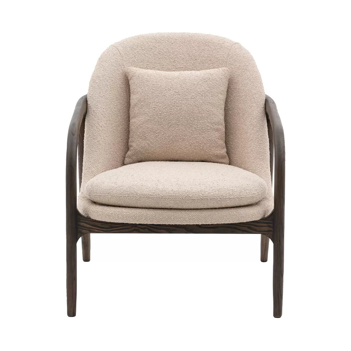A front-three-quarter view of the Gallery Alegra taupe fabric armchair, showing its curved dark wood frame and comfortable padded taupe cushions in a sunlit room.