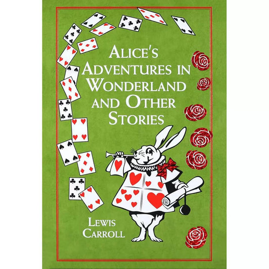 Deluxe leather-bound hardback volume of Alice's Adventures in Wonderland with ornate gold foil cover detailing resting flat on a surface.